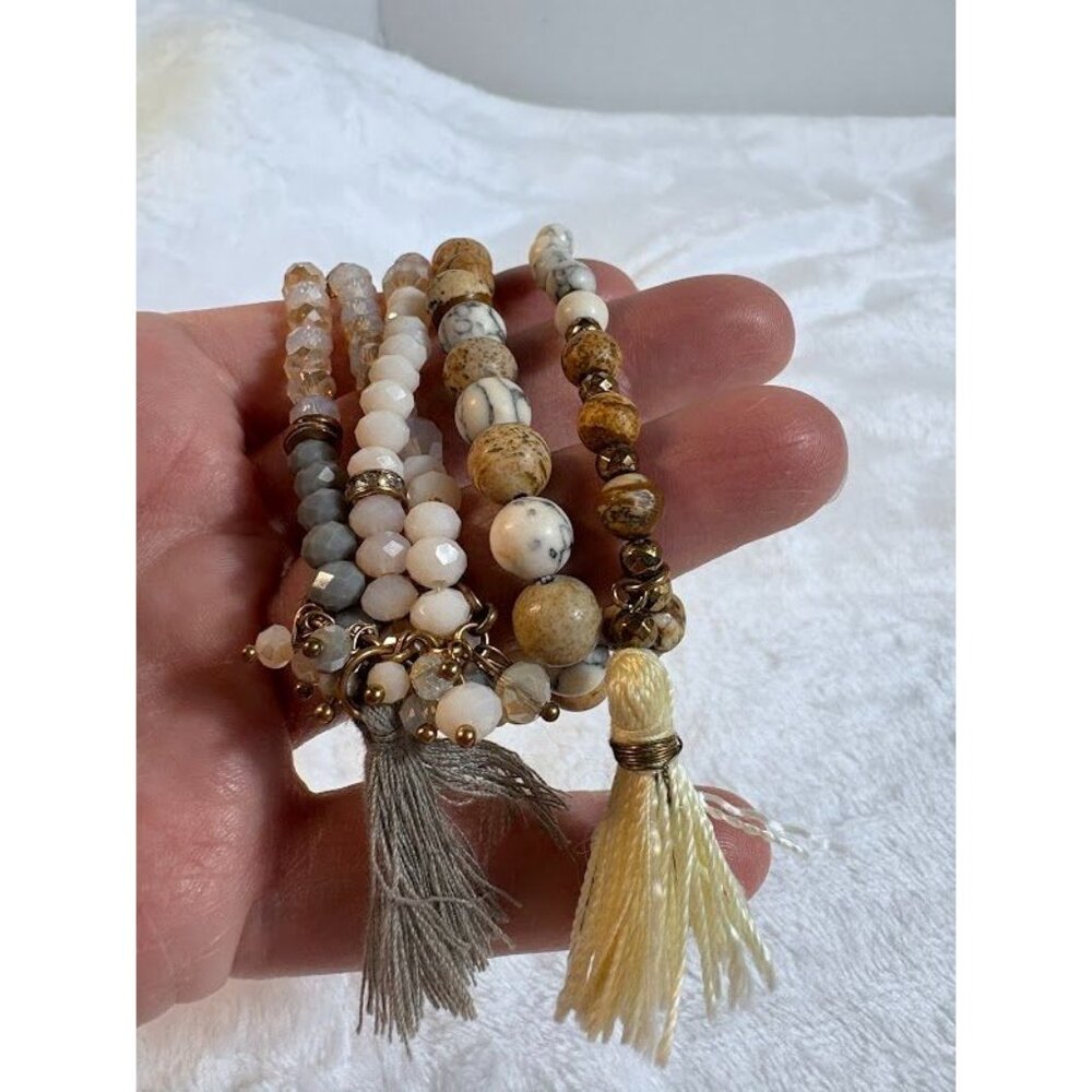 Vintage Jasper and Stacking Bracelets Stones Beads Tassel Boho Stretch